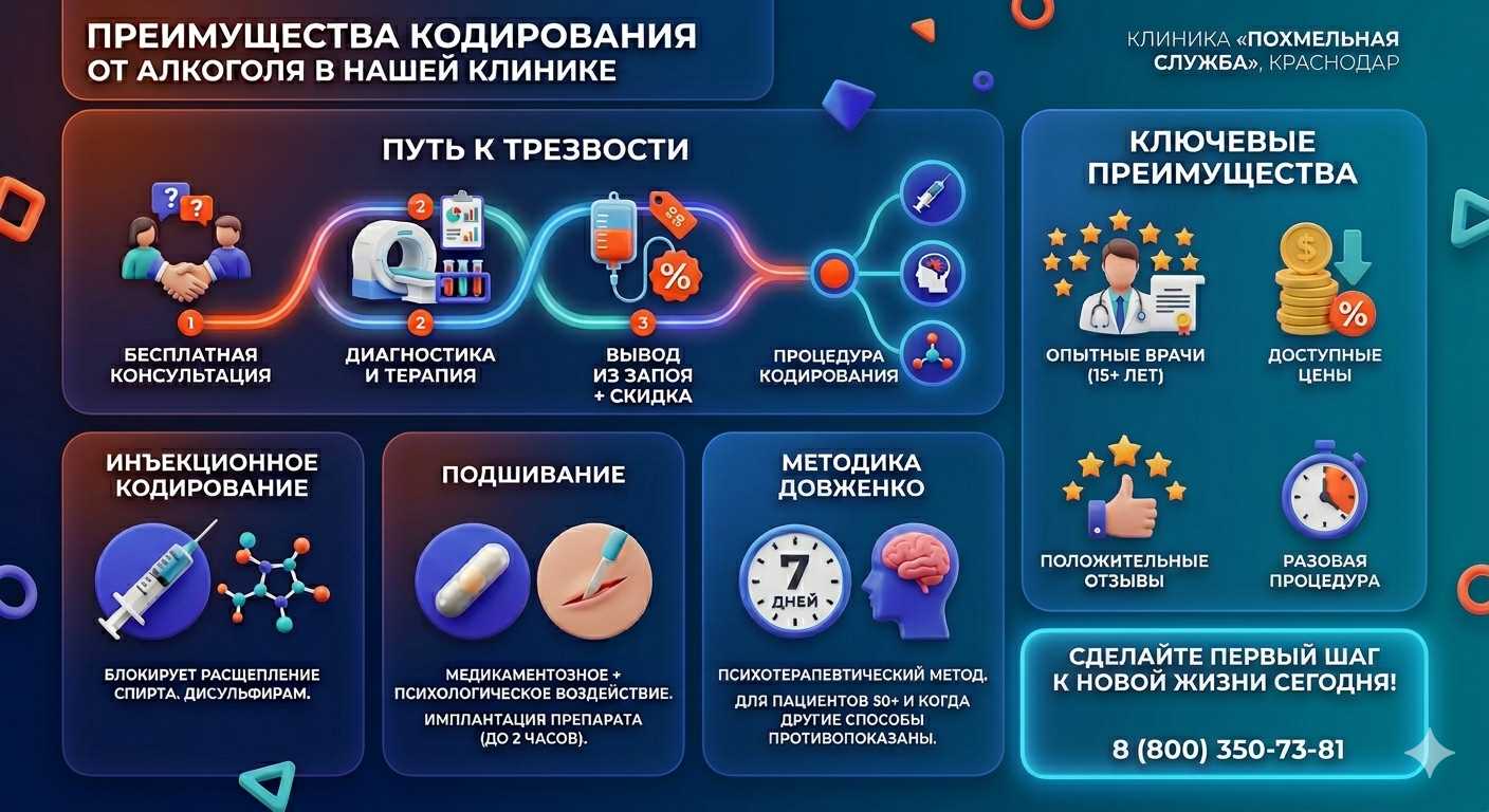 Инфографика о методах кодирования от алкоголя в Троицком: инъекции, подшивание, метод Довженко. Преимущества клиники и этапы лечения.